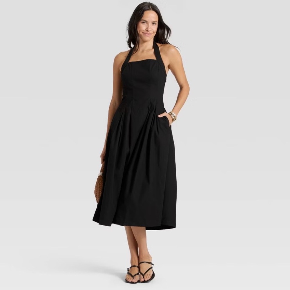 A New Day Classic LBD Minimalist Black Timeless Chic Halter Midi Dress NWT XL